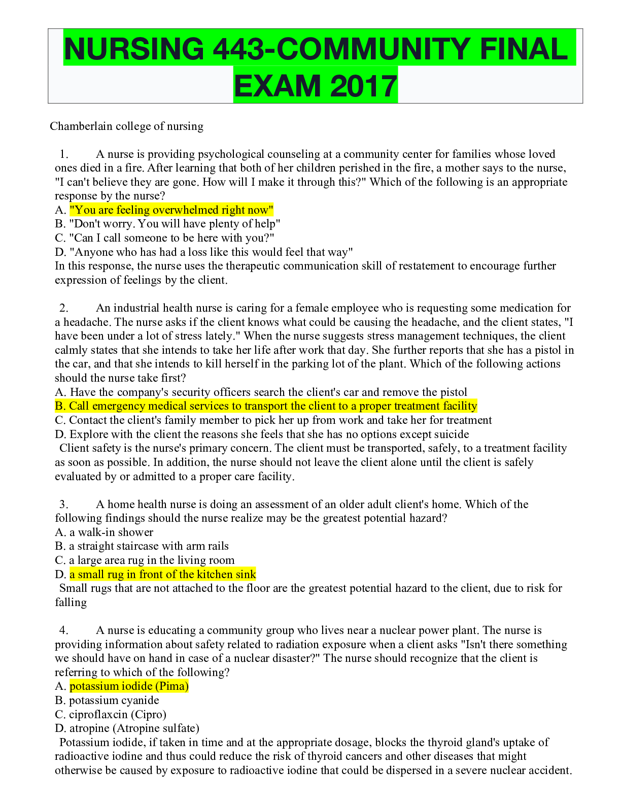 Preview of NURSING 443-COMMUNITY FINAL EXAM 2017